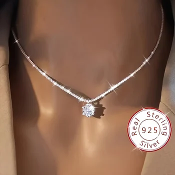 Halskette aus 925er-Sterlingsilber, Zirkon-Anhänger, funkelnde Halskette, Schlüsselbeinkette