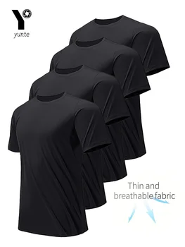 Rundhals-T-Shirt, 4er-Pack, Schwarz, ultraleichtes, schnell trocknendes, atmungsaktives, schweißabsorbierendes