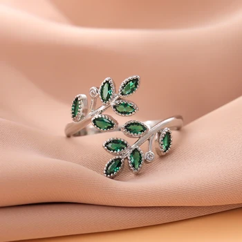 Mode Grüne Kristall Blätter 925 Sterling Silber Persönlichkeit Temperament Kreative Exquisite Öffnung Ringe