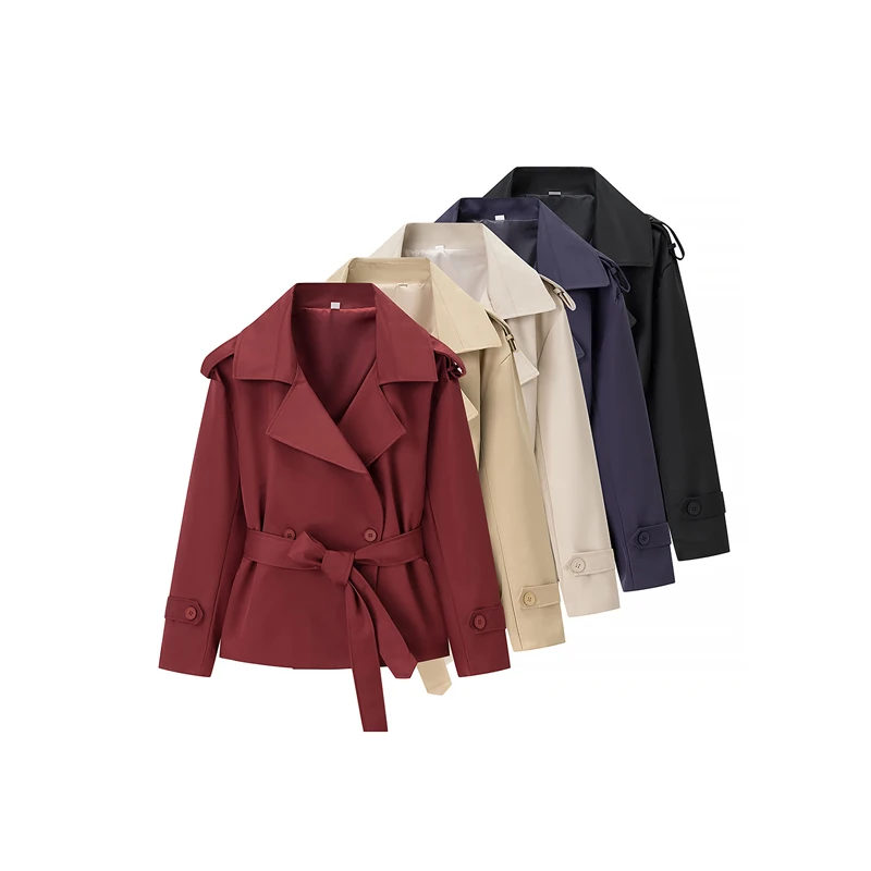 Solide Revers Crop Windjacke Frauen Mode Langarm Gürtel – Bild 5