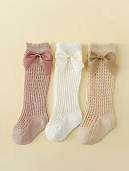 3 Paar Baby-Mädchen-Socken mit Schleifen, Sommer-Mesh-Spitze, Anti-Mücken-Kniestrümpfe für Kinder, Prinzessin