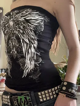 Gothic Print Schwarz Trägerloses Tube Top Damen Skinny Cropped Sommer Casual Chic Graphic Tee Y2K Streetwear