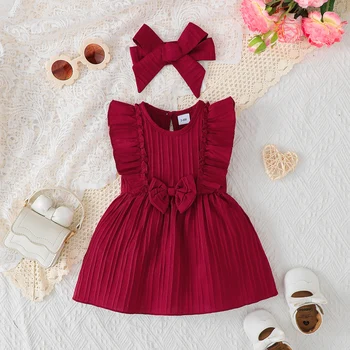 Ärmelloses Kleid für Babys, einfarbig, gerüschte Kanten, modisches Sommerkleid + Stirnband, Neujahrskleid