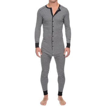 Gestreifte Lounge Einteilige Pyjama-Sets Schlafanzug Herren Schlaf Slim-Fit Langarm-Unterwäsche Herbst-Winter