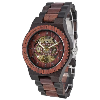 Damenarmbanduhr mit modischem, elegantem Holzgehäuse, Automatikwerk und runder Faltschließe