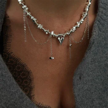 Mode Vintage Silber Farbe Geometrische Perle Kette Halskette Für Frauen Weibliche Boho Quaste Herz Anhänger