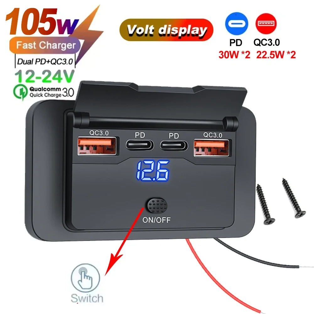 Auto-Ladeadapter mit Schalter 2/4 Anschlüsse 12V 24V PD QC3.0