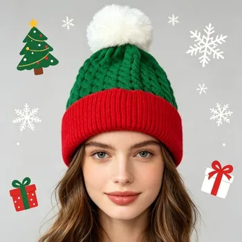Freizeit-Weihnachtsmütze, gestrickte Weihnachtsmütze, grün-rote gehäkelte Santa-Mütze, warme Wollmütze