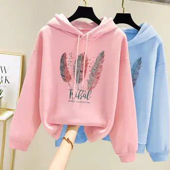 Frauen Mode Feder Gedruckt Hoodies Herbst Winter Plus Samt Beiläufige Lose Sweatshirt