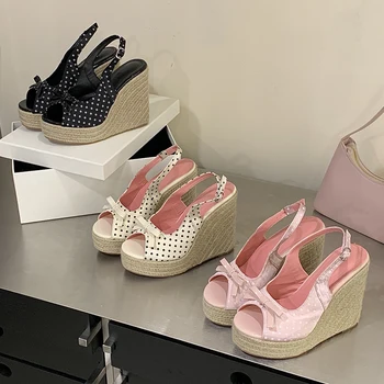 Aneikeh Sommer Dicksohlige Grasgewebte High Heels Lässige Retro Römische Sandalen