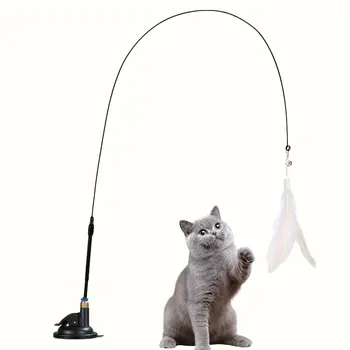 Cat Teaser Spielzeug-interaktive Glocke & Feder Zauberstab-lange Saugnapfs tange für aufregende