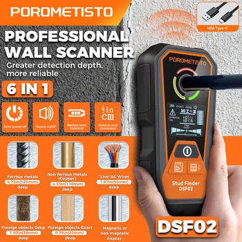 DSF02 6-in-1 Wandscanner Typ-C Wiederaufladbarer Balkensucher mit Tiefensmodi, AC-Kabel-, Metall