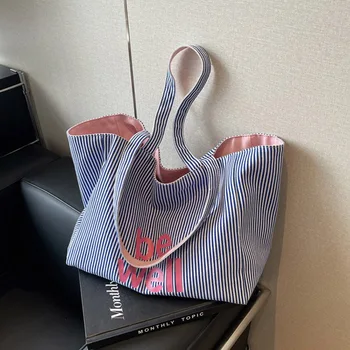 Casual Große Streifen frauen Schulter Tasche 2025, Neue Mode Pendler Tote Tasche Hohe Capaci Leinwand