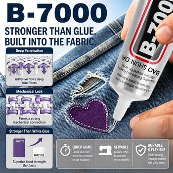 B-7000 Stoffkleber Permanent und Waschbar, Nähfreier Klebstoff für Kleidung, Denim, Polyester, Baumwolle