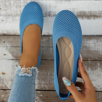 Frauen runde Zehen flache Schuhe einfarbig gestrickt Slip auf Schuhe lässig atmungsaktive Ballerinas Frauen