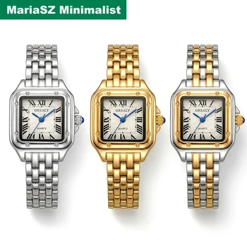 Klassische Armbanduhren für Damen, zweifarbig, französisch, elegant, quadratisch, Quarzuhr, römische Ziffern