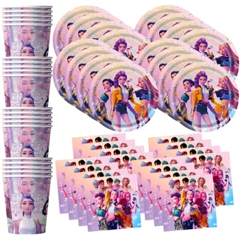 Kpo Girl Themen-Einweggeschirr-Set, Cartoon-Pappteller, Becher, Servietten, Kindergeburtstag (60 Stück)
