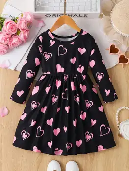 Kinderkleidung für Mädchen, europäische und amerikanische Mode, bequemes, langärmliges Kleid mit Herz-Print