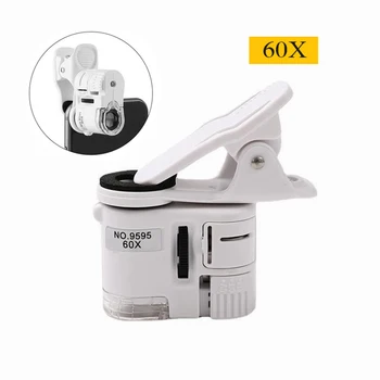 Universal Clip Mikroskop 60X LED Schmuck Lupe Fokussierung Angepasst Taschenmikroskop mit Handy Clip UV Licht