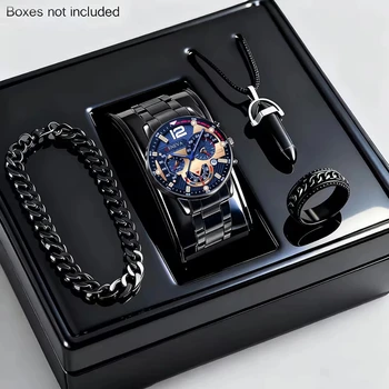 Luxus-Herren-Quarzuhr-Schmuckset, modisches, dekoratives Herren-Business-Uhrenset mit drei Augen (4 Stück)