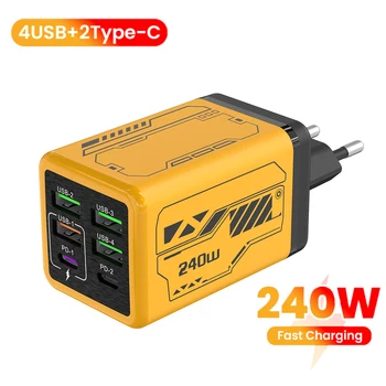240W 6-Port USB-C-Ladegerät, schnelles Laden, EU/US/UK-Netzteil für iPhone, Samsung, Xiaomi, Typ-C, schnelles