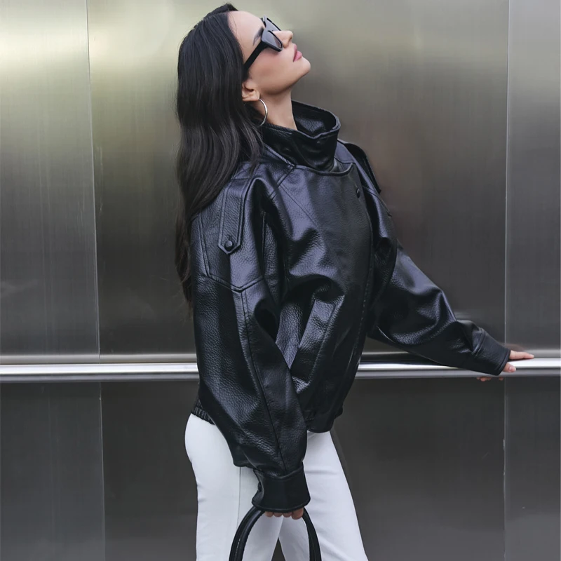 MUJER Kunstleder Damenjacke Schwarz Oversize Bomberjacken für – Bild 2
