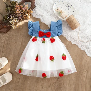 Baby-Mädchen-Kleid Sommer Kirsch-Mesh-Kleidchen Süßes Strand-Babykleid Baby-Mädchen-Kleidung