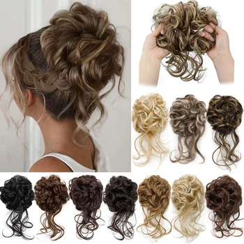 Synthetischer, eleganter, unordentlicher, lockiger, elastischer Gummiband-Haarknoten, flauschig, leicht