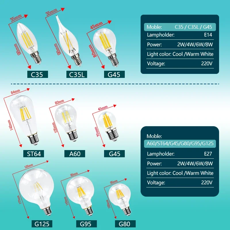 LED Retro Edison Glühbirne E14 E27 AC 220V 2W 4W 6W 8W – Bild 2