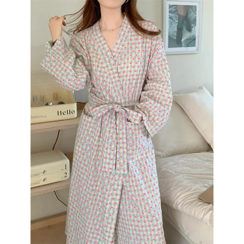 Bademantel Damen Baden Liebe Plaid Lose Langarm Lange Kimono – Bild 5