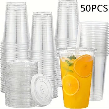 12/16/20 Unzen Kunststoffbecher mit Deckel, transparente Einwegbecher für Partys, Eiskaffee (50 Stück)