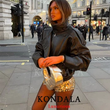 KONDALA Casual Chic Schwarz Leder Jacken Frauen Langarm Tasten Elastische Übergroße Mäntel Mode 2026 Frühling