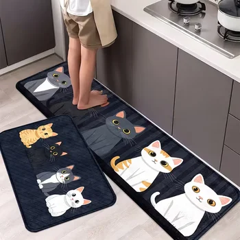 Katzenstreifen-Cartoon-Küchenmatten, rutschfeste Läuferteppiche mit verspielter Katze für Zuhause, Badezimmer