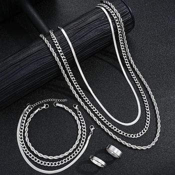 Einfache Edelstahl Silber Farbe Schmuck Sets für Männer Unisex Punk Vintage Glatte Ring Halskette Armband Set