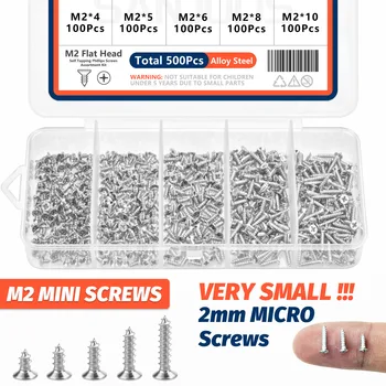Mini M2 Selbstschneidende Schrauben Phillips Flachkopf Legierungsstahl Sortiment 5 Größen (500 Stück)