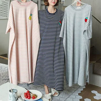Sommer Pyjama Kleid Weibliche Kurzarm Cartoon Homewear Verlängert Plus Größe Gestreiften Student Pyjamas