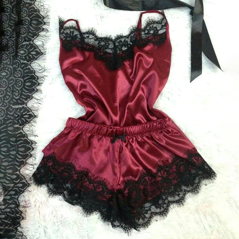 Mode Nachtwäsche Spitzen besatz Satin Cami Top Pyjama Sets – Bild 3