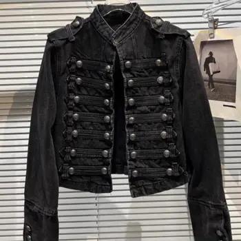 Chaqueta Mujer Metall Zweireiher Stehkragen Design Denim Jacke Top Denim Frauen Kleidung Amerikanischen Mantel