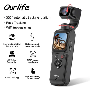 Ourlife 4K Actionkamera 330 ° Gesichtsverfolgungs-Gimbal-Stabilisator 1,72 Zoll Touchscreen 64MP