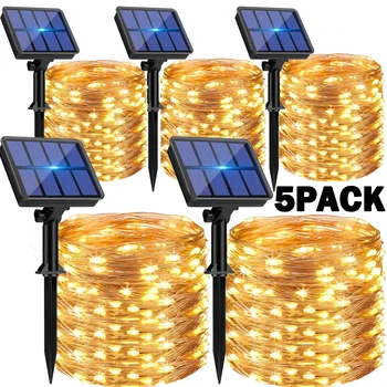 1 2 3 4 5 Packungen Solar-LED-Lichterkette Außenbeleuchtung Weihnachtsbeleuchtung 8 Modi Kupferdraht-Lichter