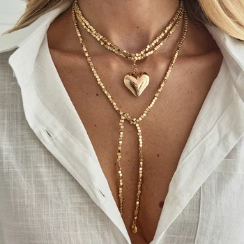 KunJoe Mode Gold Farbe Liebe Herz Anhänger Halskette Frauen Vintage Perlen Kette Lange Halskette Pullover