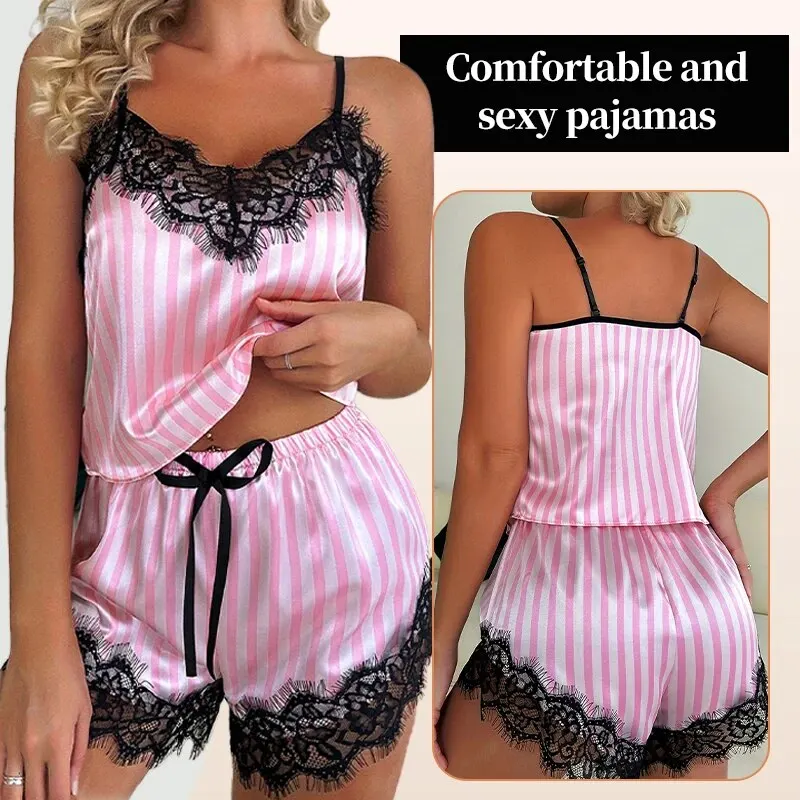 Zweiteilige Damen V-Ausschnitt sexy Spitze Hosenträger Pyjama – Bild 2