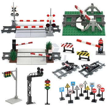 Stadt Verkehrs Lampe Wegweiser Eisenbahn Barriere Bausteine MOC Street View Zubehör Ziegel Geschwindigkeit