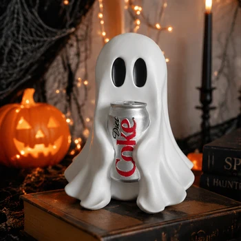 Lustige Geisterfigur mit Limonadendose aus Harz, Halloween-Schreibtischdeko, niedliches gruseliges