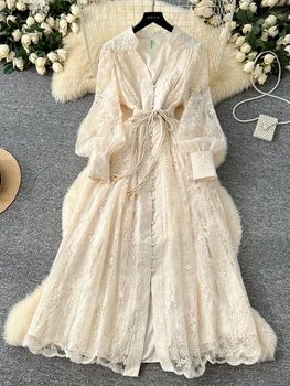 Frühling Herbst Französisch High-end-frauen Kleid Neue Spitze Stickerei V-ausschnitt Laterne Ärmeln Einreiher