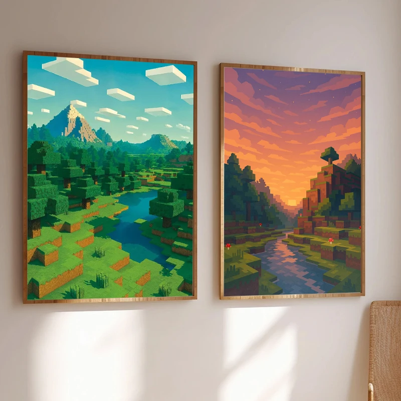 Block Pixel World Videospiel Fluss Berg Wald Landschaft Stil