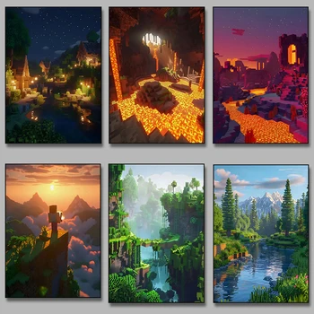 Block Pixel World Videospiel-Landschaftsstil Leinwand-Poster Gemälde Druck Wandkunst Bild für Wohnzimmer