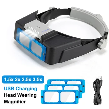 USB-Aufladung, professionelle Kopf-Traglupe, 1,5 x 2,5 x 3,5 x Augenlupe, 4 Linsen, beleuchtete Lupe für die