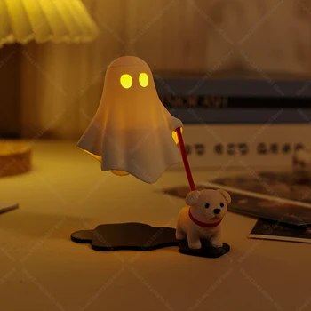 Niedliches Geister-LED-Nachtlicht mit Hundefigur - Gruselige Schreibtischlampe, Halloween-Dekoration, Warmes