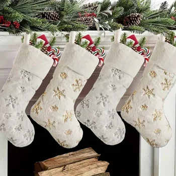 Weihnachtsstrumpf aus Plüschimitat mit Schneeflocken und Pailletten, Weihnachtsbaum, Kamin, Wandbehang